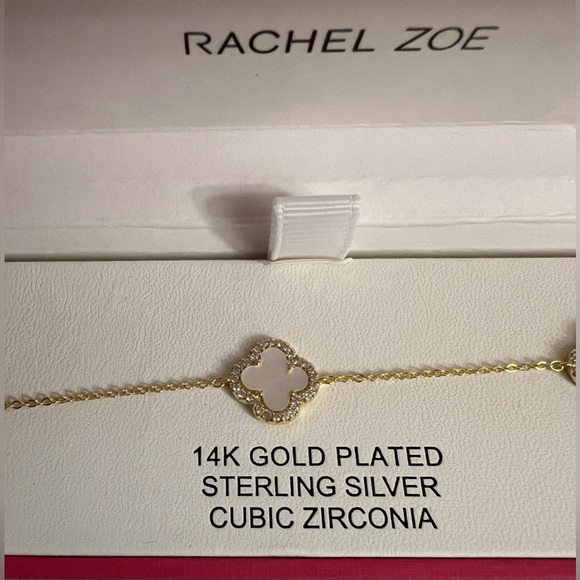 Rachel Zoe 14K Gold Plated Bracelet 4 Leaf Mother Of Pearl Cubic Zirconia  New - Picture 5 of 16